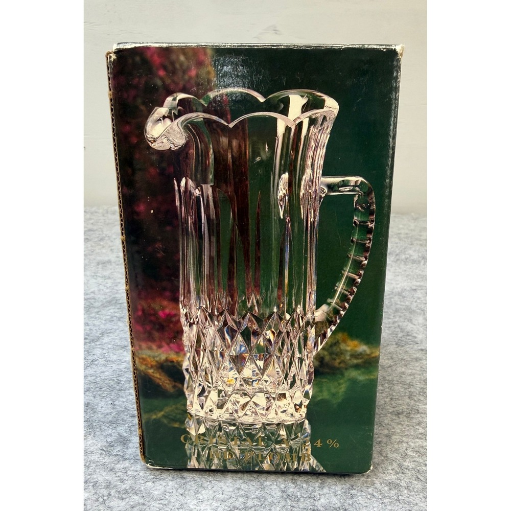 Blarney Genuine 24% Lead Crystal Pitcher Diamond Cut Scalloped Rim Vintage Boxed